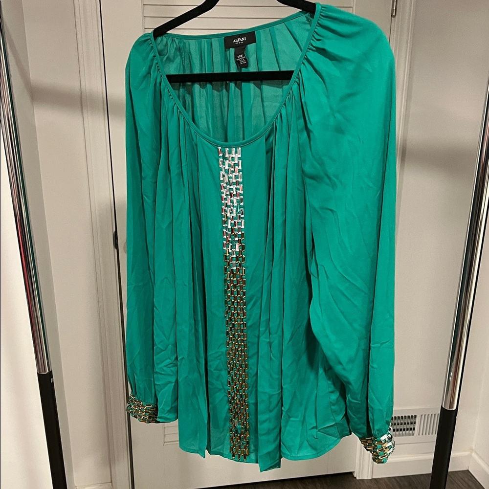 Alfani Teal Green Long-Sleeve Pleated Blouse with Metallic Trim